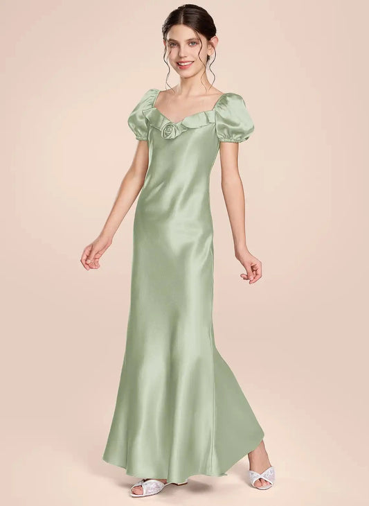 Elegant A Line Square Neck Puff Sleeve Low Back Floor Length Junior Bridesmaid Dress