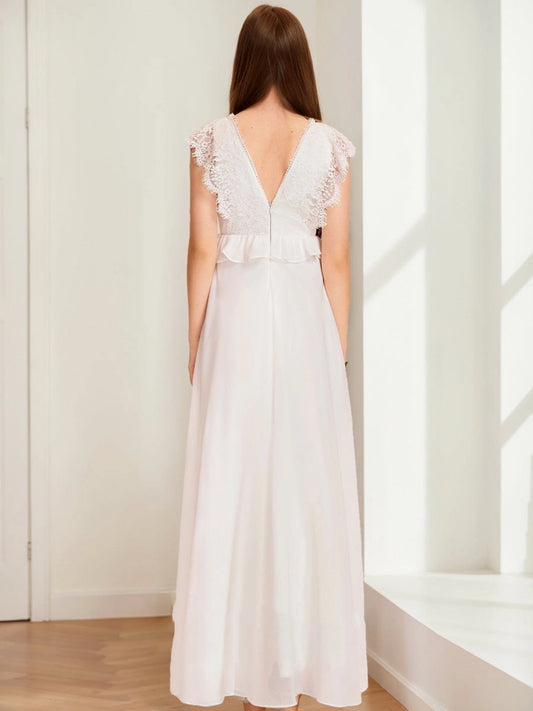 Elegant A?Line V?Neck Cap Sleeve Deep V?Back Hi?Lo Junior Bridesmaid Dress