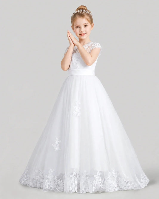 Elegant A Line Round Neck Short Sleeve V Back Floor Length Communion Dress