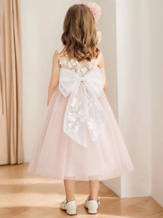 Romantic A Line Illusion Neck Sleeveless Bow Back Tea Length Flower Girl Dress