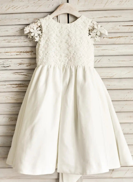 Elegant A Line Round Neck Lace Sleeve Bow Back Tea Length Flower Girl Dress