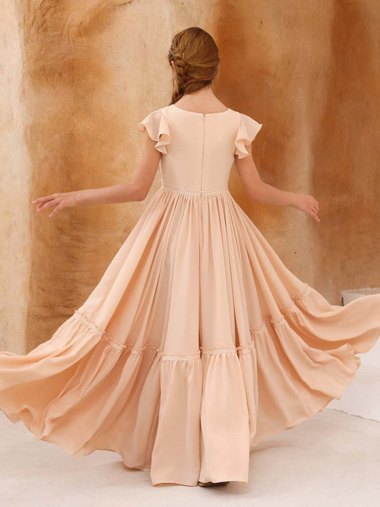 Elegant A?Line Round Neck Flutter Sleeve Zipper Back Maxi Junior Bridesmaid Dress