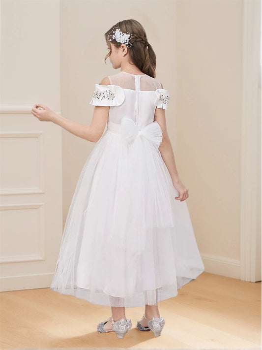 Elegant Ball Gown Sheer Neck Ruffle Sleeve Bow Back Communion Dress