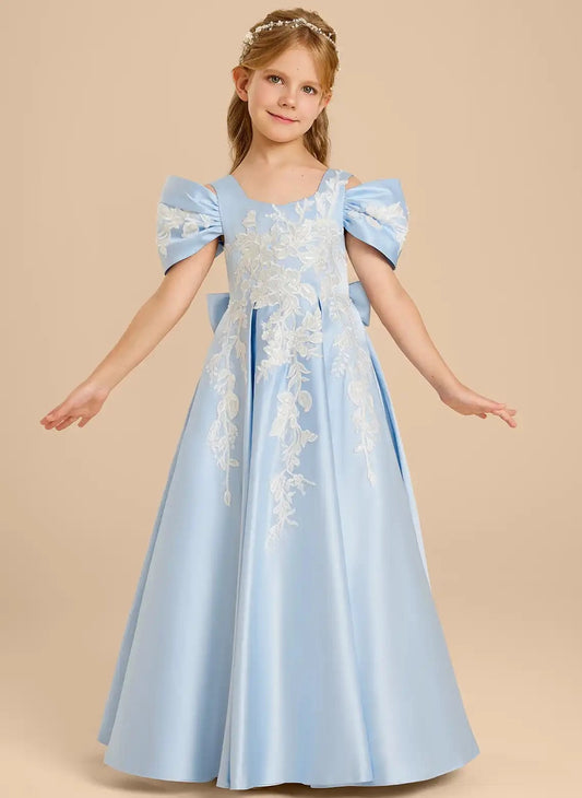 Elegant A Line Square Neck Bow Sleeve Lace Up Floor Length Flower Girl Dress