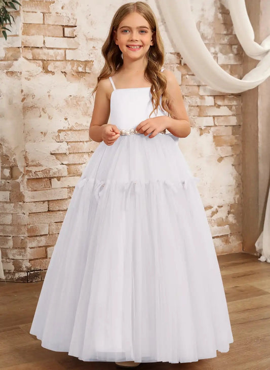 Elegant A Line Square Neck Spaghetti Strap Bow Back Floor Length Flower Girl Dress