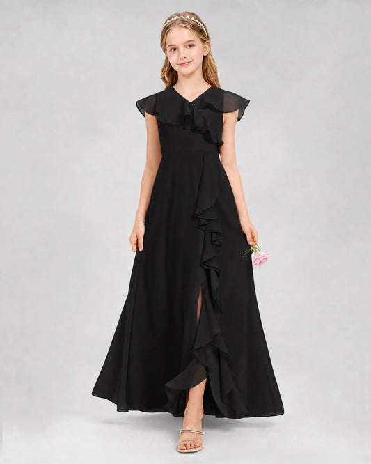 Elegant A Line V Neck Flutter Sleeve V Back Maxi Dress Wedding Junior Bridesmaid Dresses
