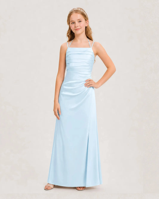 Elegant A Line Square Neck Sleeveless Zipper Back Maxi Junior Bridesmaid Dress