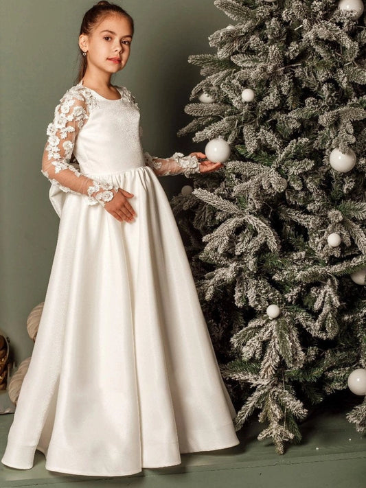 Classic A?Line Round?Neck Long?Sleeve Deep?V?Back Floor?Length Flower Girl dress