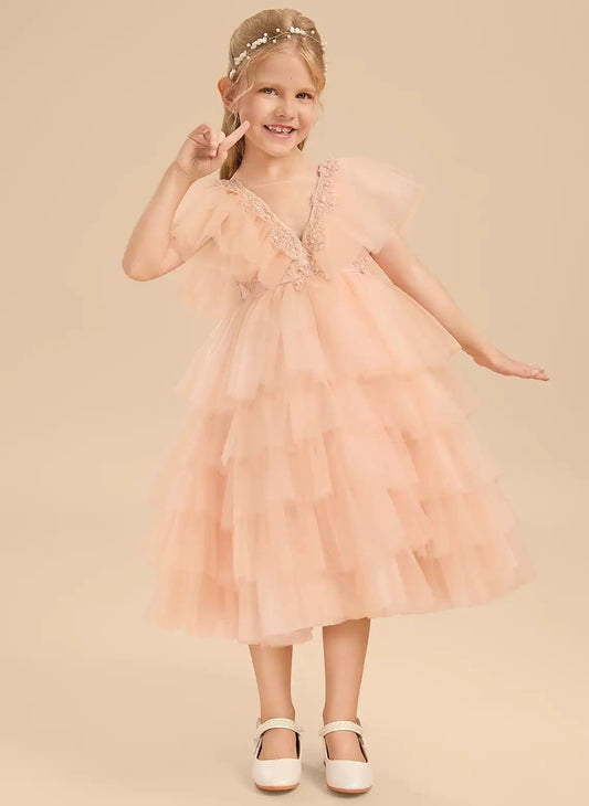Romantic A-Line V-Neck Flutter Sleeve V-Back Midi Flower Girl Dress