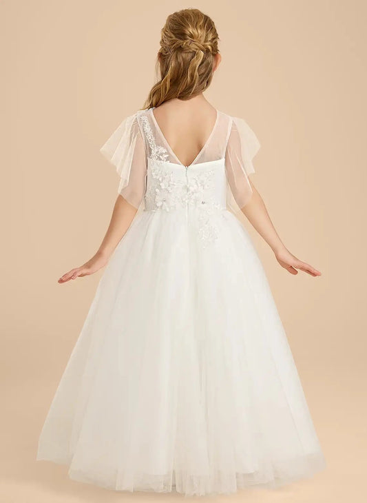 Elegant A Line Round Neck Flutter Sleeve V Back Floor Length Flower Girl Dress