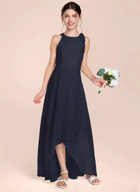 Elegant A Line Round Neck Sleeveless Zip Back High Low Junior Bridesmaid Dress