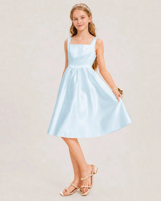 Elegant A Line Square Neck Sleeveless Bow Back Knee Length Dress