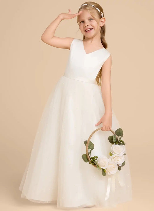 Elegant A Line V Neck Sleeveless Bow Back Floor Length Flower Girl Dress