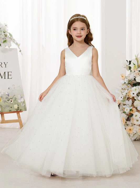 Elegant Ball Gown V?Neck Sleeveless V?Back Floor?Length First Communion Dress