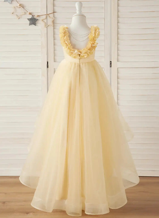 Elegant A Line Round Neck Sleeveless Open Back High Low Flower Girl Dress
