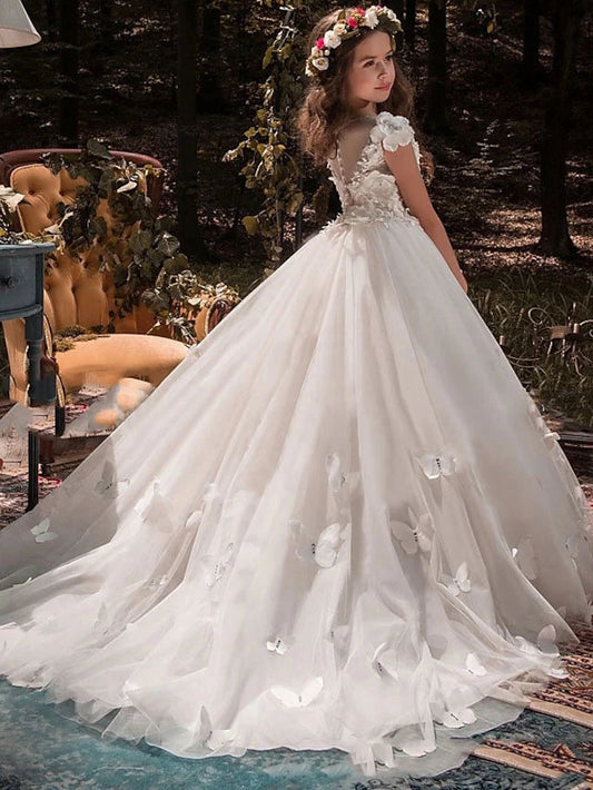 Romantic A?Line Round Neck Cap?Sleeve Illusion?Back Train?Length Flower Girl Dress