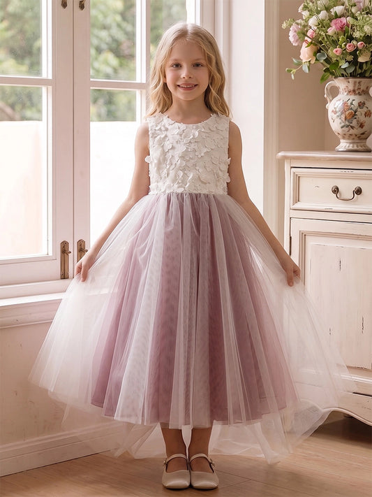 Romantic A Line Round Neck Sleeveless Bow Back Tea Length Flower Girl Dress