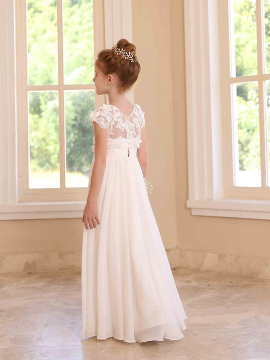 Graceful A?Line Illusion?Neck Cap?Sleeve V?Back Floor?Length Flower Girl dress