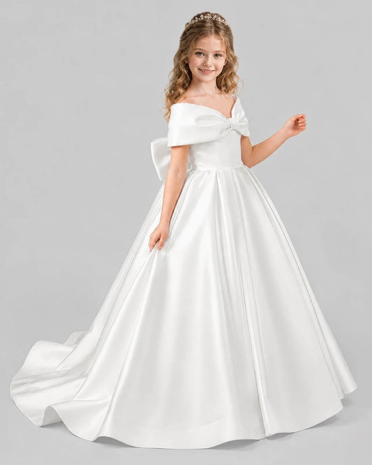 Elegant Ball Gown Off Shoulder Short Sleeve Bow Back Floor Length Wedding Dress