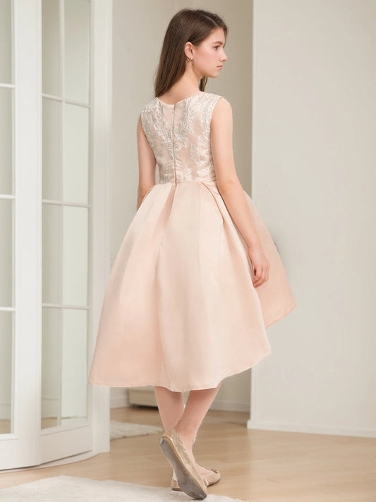 Elegant A?Line Round Neck Sleeveless Zipper?Back Hi?Lo Junior Bridesmaid Dress