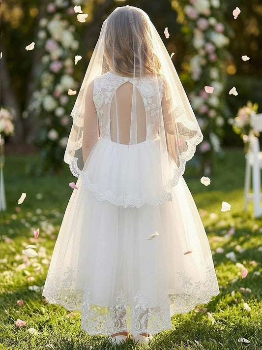 White Lace Veil Flower Girl Dress With Embroidered Tulle Skirt