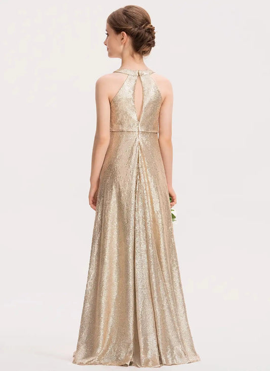 Sparkling A Line Jewel Neck Sleeveless Keyhole Back Floor Length Girls Dress