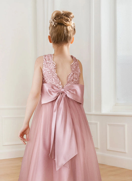 Elegant A Line Round Neck Sleeveless V Back Floor Length Flower Girl Dress