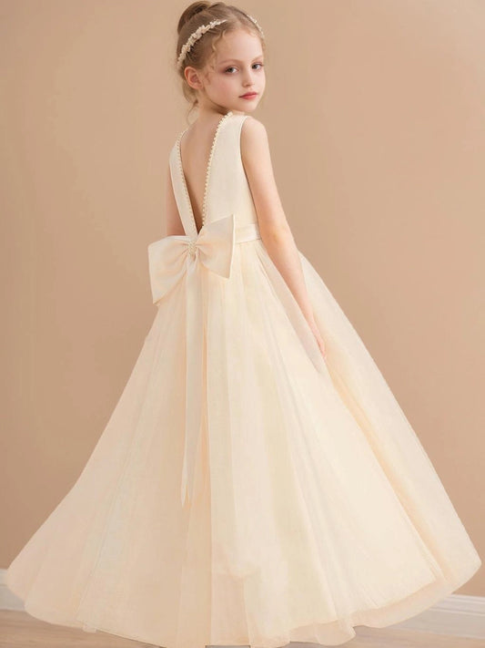 Elegant A Line Round Neck Sleeveless V Back Floor Length Flower Girl Dress