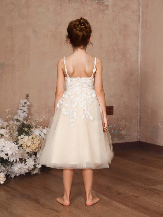 Romantic A-Line V-Neck Sleeveless Square-Back Tea-Length Flower Girl Dress