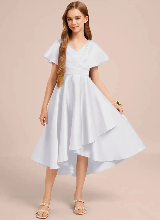 Elegant A Line V Neck Flutter Sleeve Zip Back High Low Junior Bridesmaid Dress