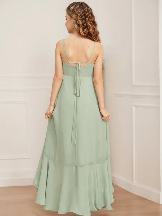 Elegant A Line Square Neck Sleeveless Tie Back Maxi Junior Bridesmaid Dress