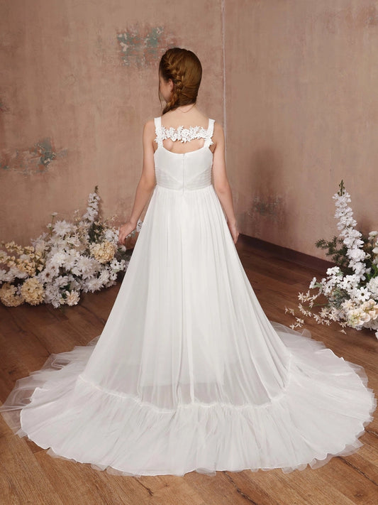 Elegant A?Line Square Neck Sleeveless Lace Cutout Back Train Length First Communion Dress