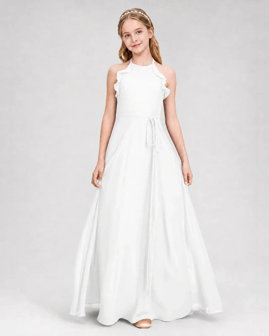 Elegant A Line Halter Sleeveless Open Back Floor Length Bridesmaid Dress