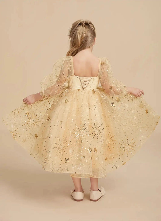 Sparkling A Line Square Neck Puff Sleeve Lace Up Tea Length Flower Girl Dress