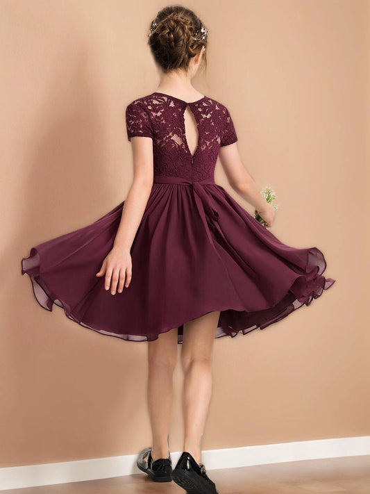 Elegant A?Line Round Neck Short Sleeve Keyhole Back Knee Length Junior Bridesmaid Dress