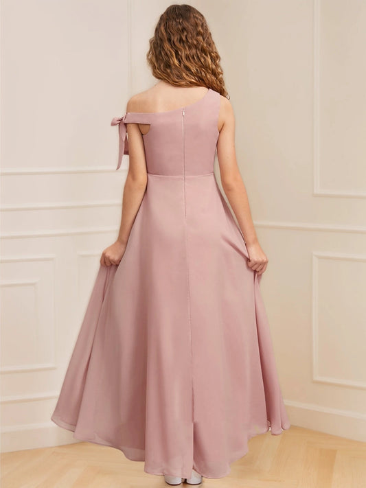 Elegant A?Line One?Shoulder Bow Sleeveless Zipper?Back Maxi Junior Bridesmaid Dress