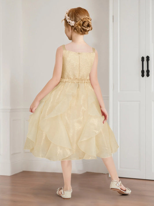 Elegant A Line Square Neck Sleeveless Zip Back Midi Flower Girl Dress