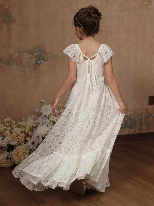 Vintage A?Line Square?Neck Flutter?Sleeve Tie?Back Floor?Length Flower Girl dress