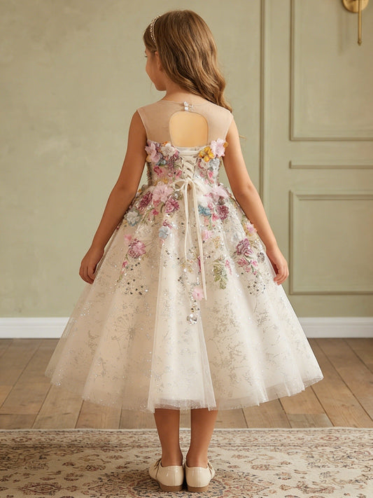 Romantic A?Line Illusion Neck Sleeveless Keyhole?Back Tea?Length Flower Girl dress