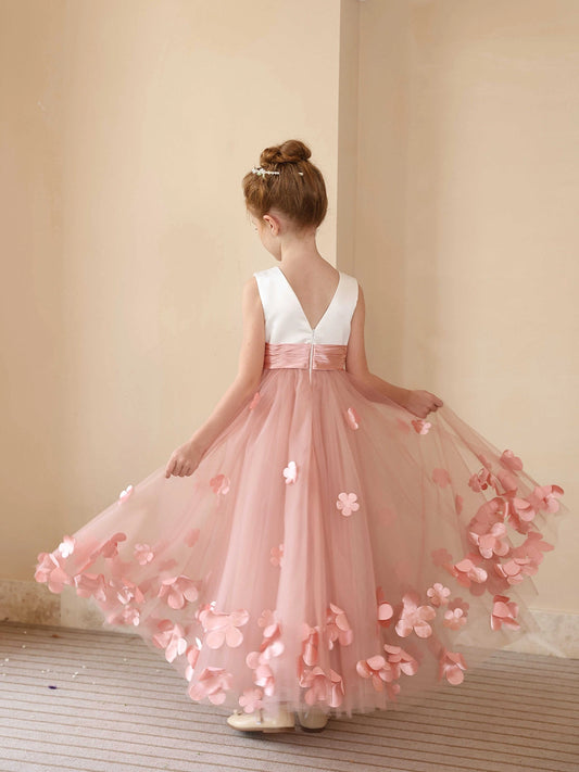 Romantic A-Line Round Neck Sleeveless V-Back Floor-Length Flower Girl Dress