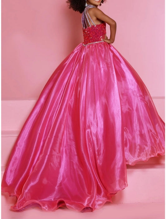Glamorous Ball?Gown Halter Sleeveless Multi?Strap?Back Train?Length Pageant dress