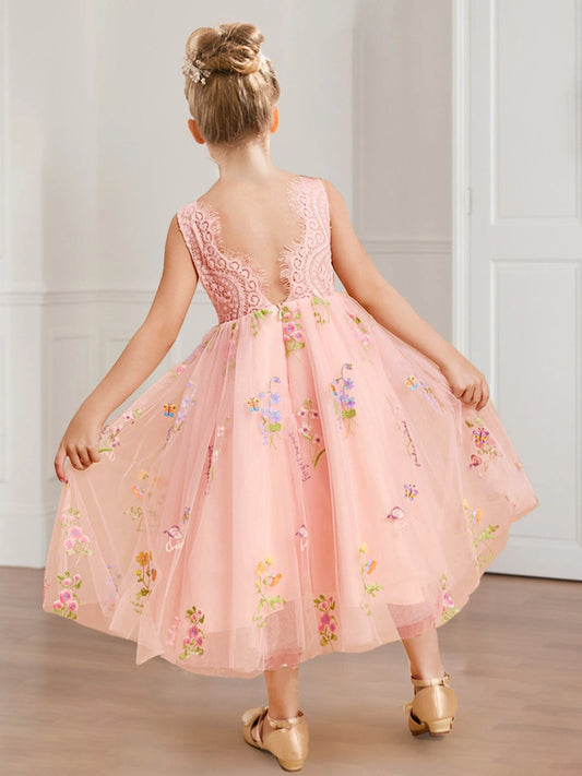 Romantic A Line Round Neck Sleeveless V Back Tea Length Flower Girl Dress