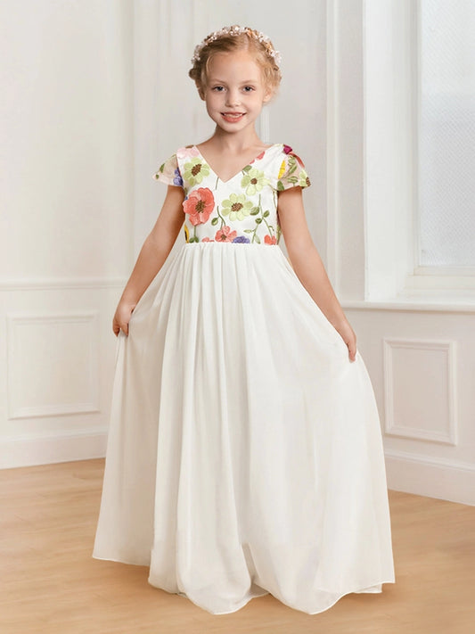 Romantic A Line V Neck Short Sleeve V Back Maxi Flower Girl Dress