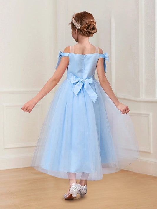 Dreamy A Line Square Neck Bow Sleeve Zip Back Tea Length Flower Girl Dress