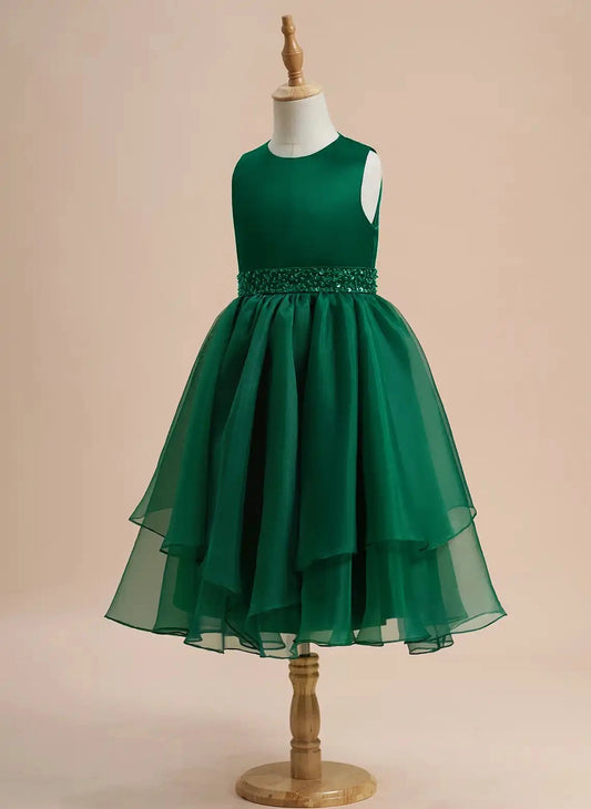 Elegant A Line Round Neck Sleeveless Zip Back Tea Length Girls Dress
