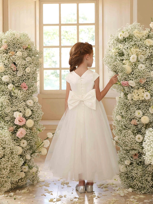 Elegant A?Line Round Neck Cap Sleeve V?Back Ankle Length First Communion Dress