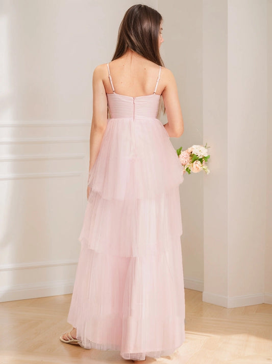 Soft A?Line Square Neck Spaghetti Straps Zipper?Back High?Low Junior Bridesmaid Dress