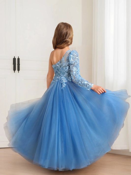 Elegant A Line One Shoulder Long Sleeve Open Back Floor Length Girls Dress