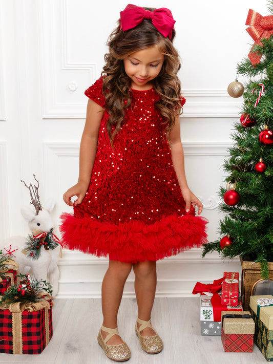 Sparkling A-Line Round Neck Cap Sleeve Keyhole Back Christmas Flower Girl Dress