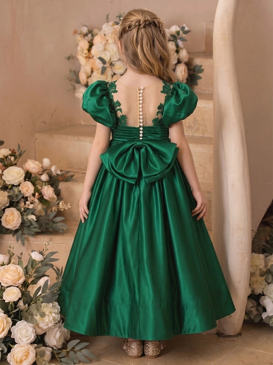 Elegant A Line Illusion Neck Puff Sleeve Bow Back Maxi Flower Girl Dress